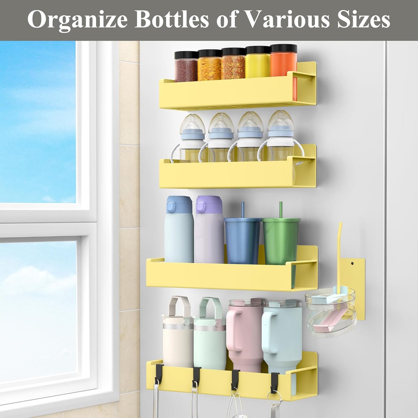 HuggieGems Magnetic Water Bottle Holder for Refrigerator, Cup Holder Organizer for Stanley and Tumbler for Kitchen, 4 Pack, Black