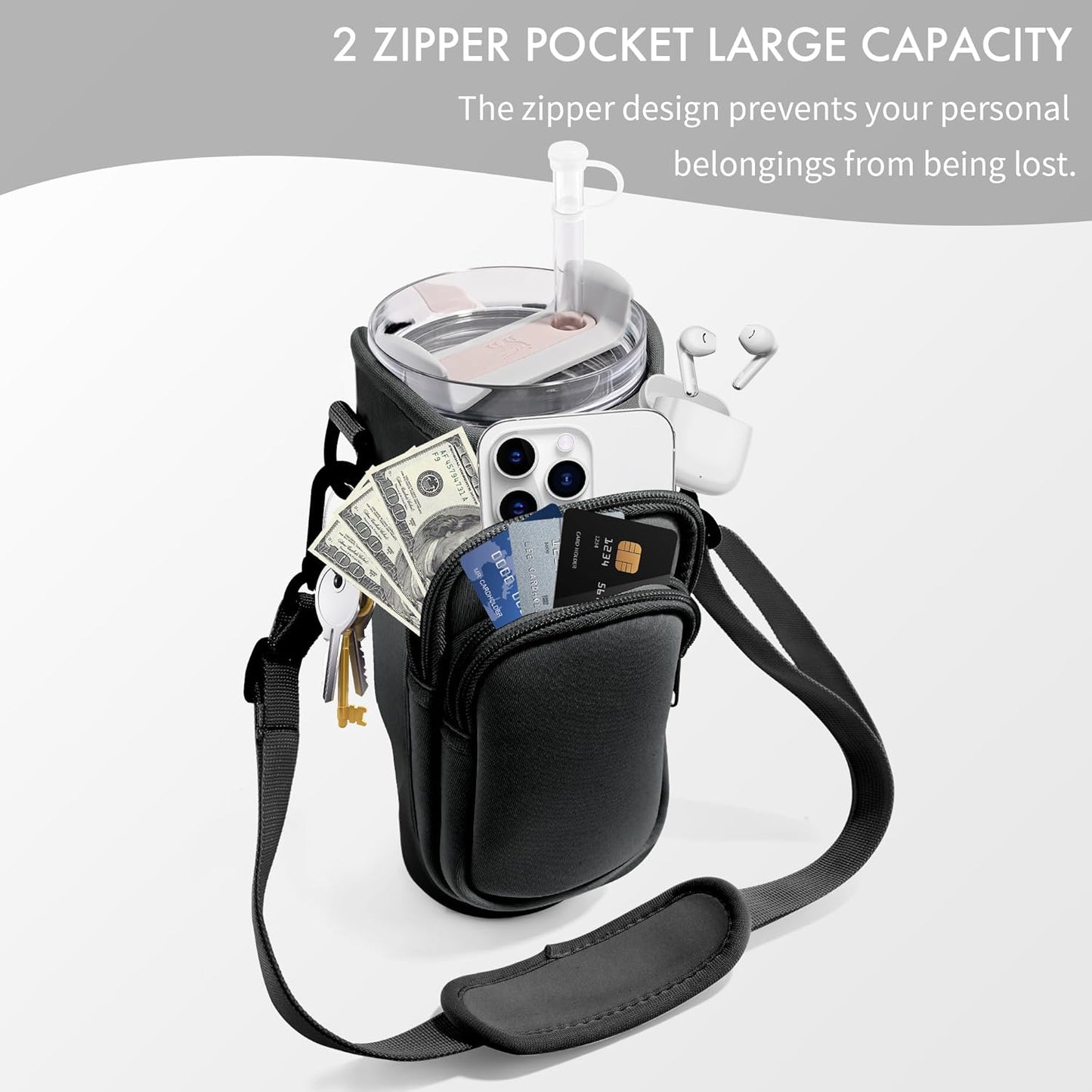 JEBEALUO Water Bottle Carrier Bag with Phone Pocket for Stanley Cup 40/30 oz, Water Bottle Holder with Adjustable Strap& Straw Cover, Stanley Cup Accessories