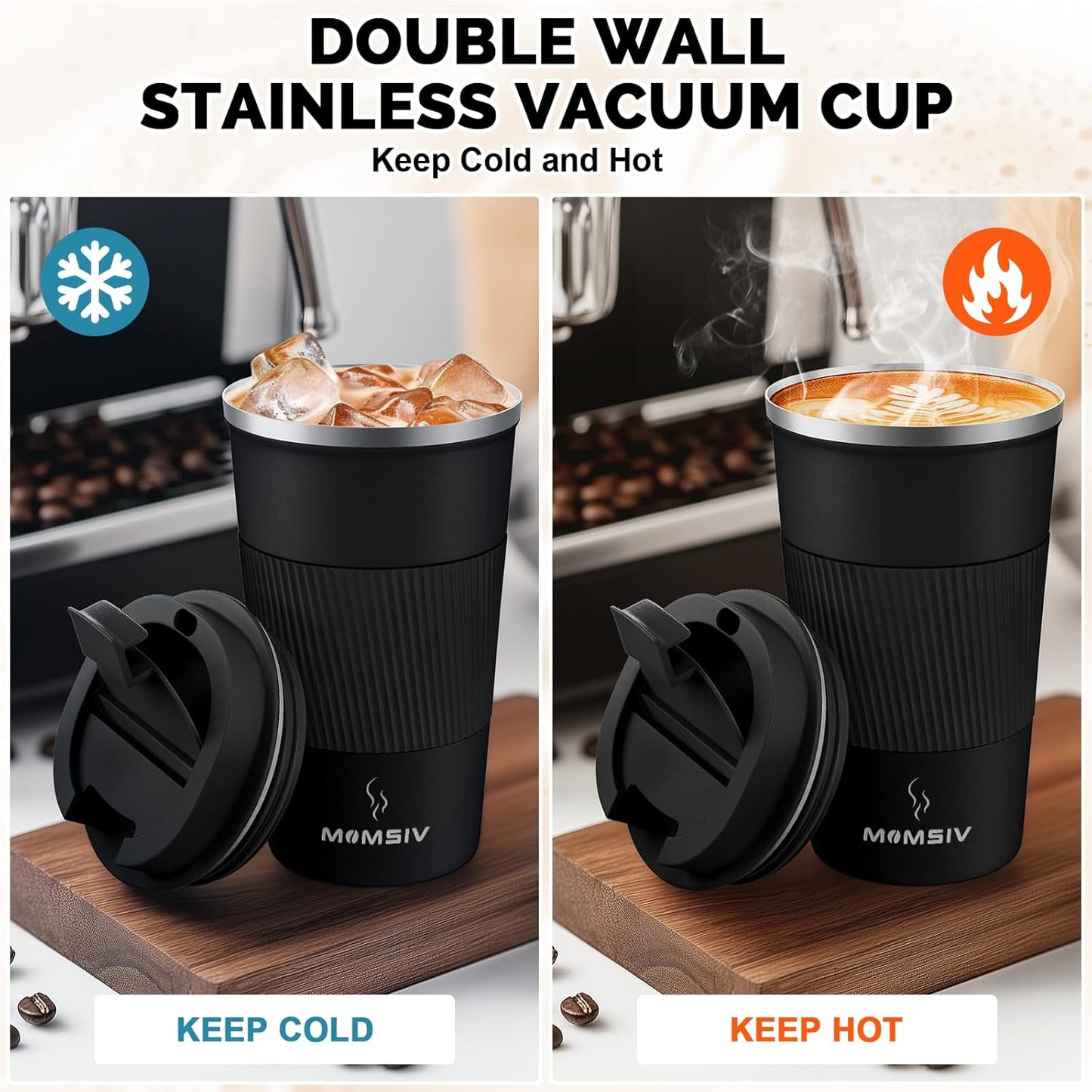 MOMSIV 12oz Travel Mug, Insulated Coffee Cup with Leakproof Lid, Travel Coffee Mug Vacuum Stainless Steel Double Walled Reusable Coffee Cup for Hot and Cold Water Coffee