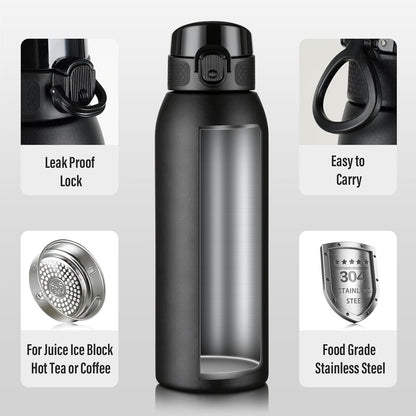 Insulated Water Bottle 24 oz with Dustproof Lid, Carry Handle & Tea Infuser, BPA-Free & Leakproof, Stainless Steel Water Bottles Ideal for Fitness, Hiking, Office & Outdoor Use (Black)