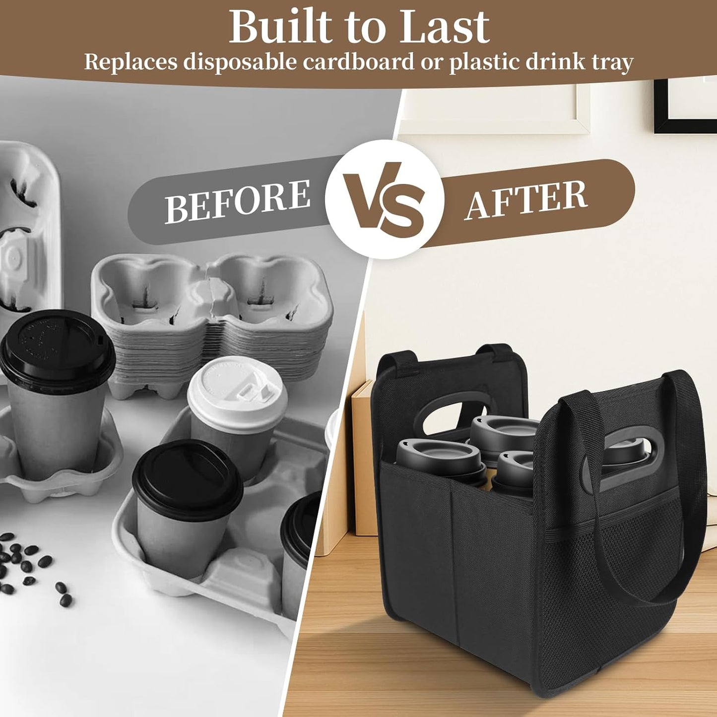Foyego 4 Cup Drink Carrier with Handle, Reusable Insulated Drink Caddy Drink Holder for Car, Folding Portable Coffee Cup Holder Bag for Travel and Delivery