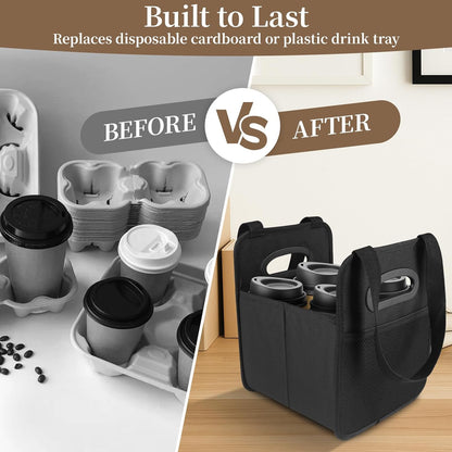 Foyego 4 Cup Drink Carrier with Handle, Reusable Insulated Drink Caddy Drink Holder for Car, Folding Portable Coffee Cup Holder Bag for Travel and Delivery