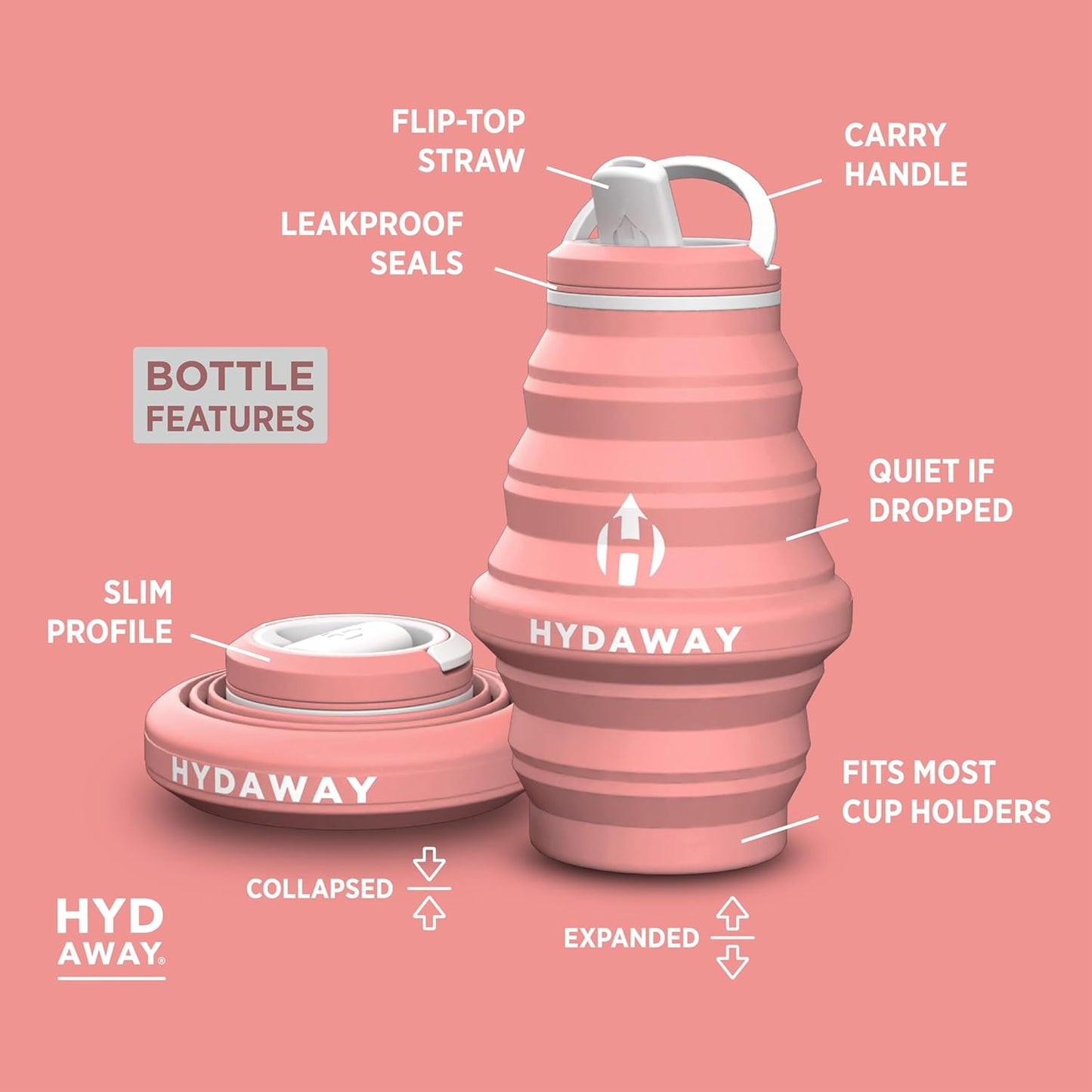 HYDAWAY 17oz Travel Collapsible Water Bottle - BPA-Free, Leakproof, Lightweight, Space-Saving