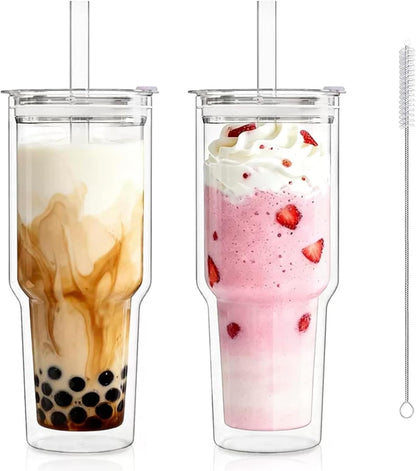 KEMORELA 28 oz Double Wall Glass Tumblers Set of 2, Extra-Wide 13mm Reusable Drinking Straws, Boba Tumbler, Wide-Mouth Water Cups for Iced Coffee, Smoothies, Boba & Tea Lovers (Clear)