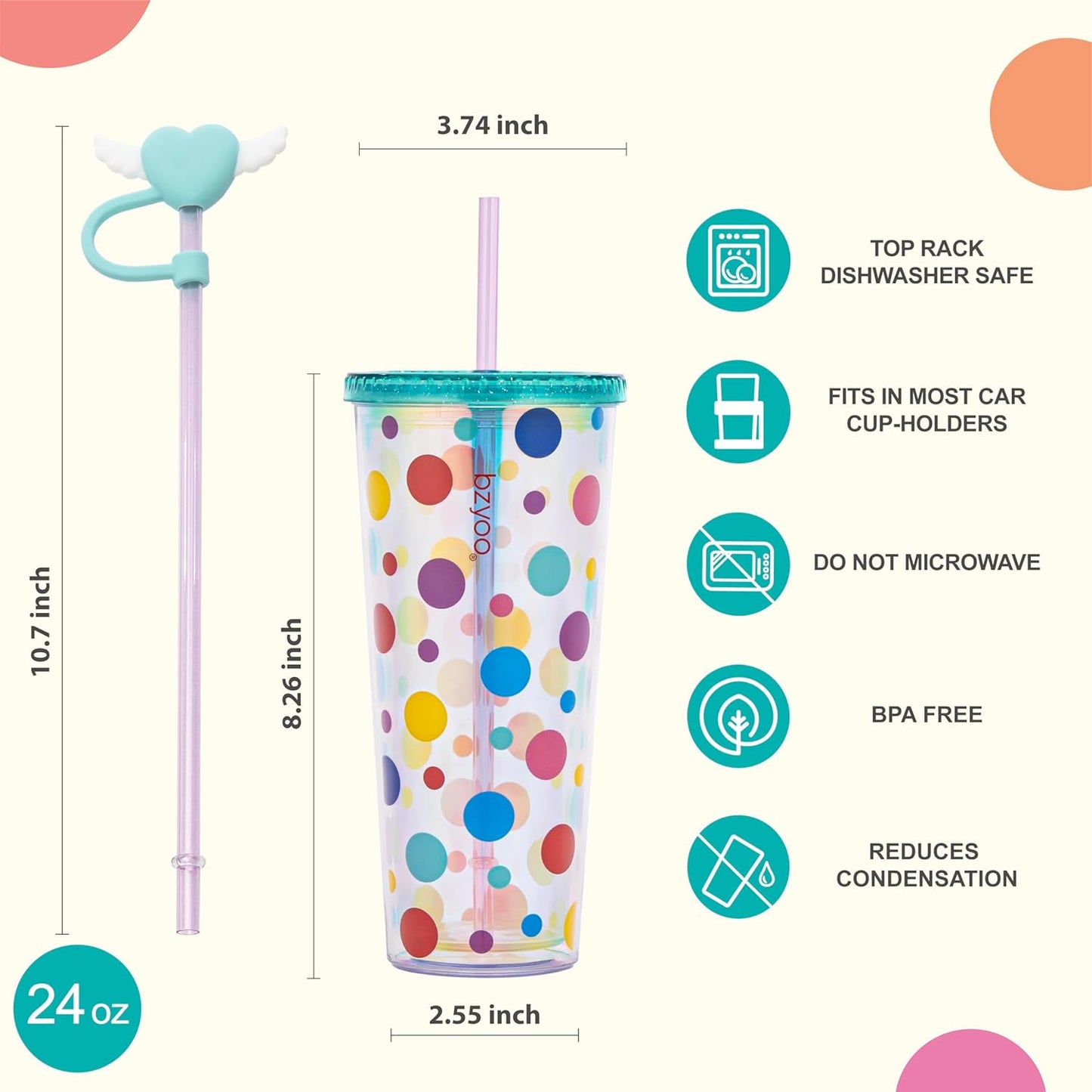 bzyoo SIP 24oz (710ml) Double Wall Plastic Tumbler with Lid and Straw Cold Drink Travel Mug Reusable Party Cup Perfect for Office Ice Coffee or Tea and Gift Color: Pink & Purple