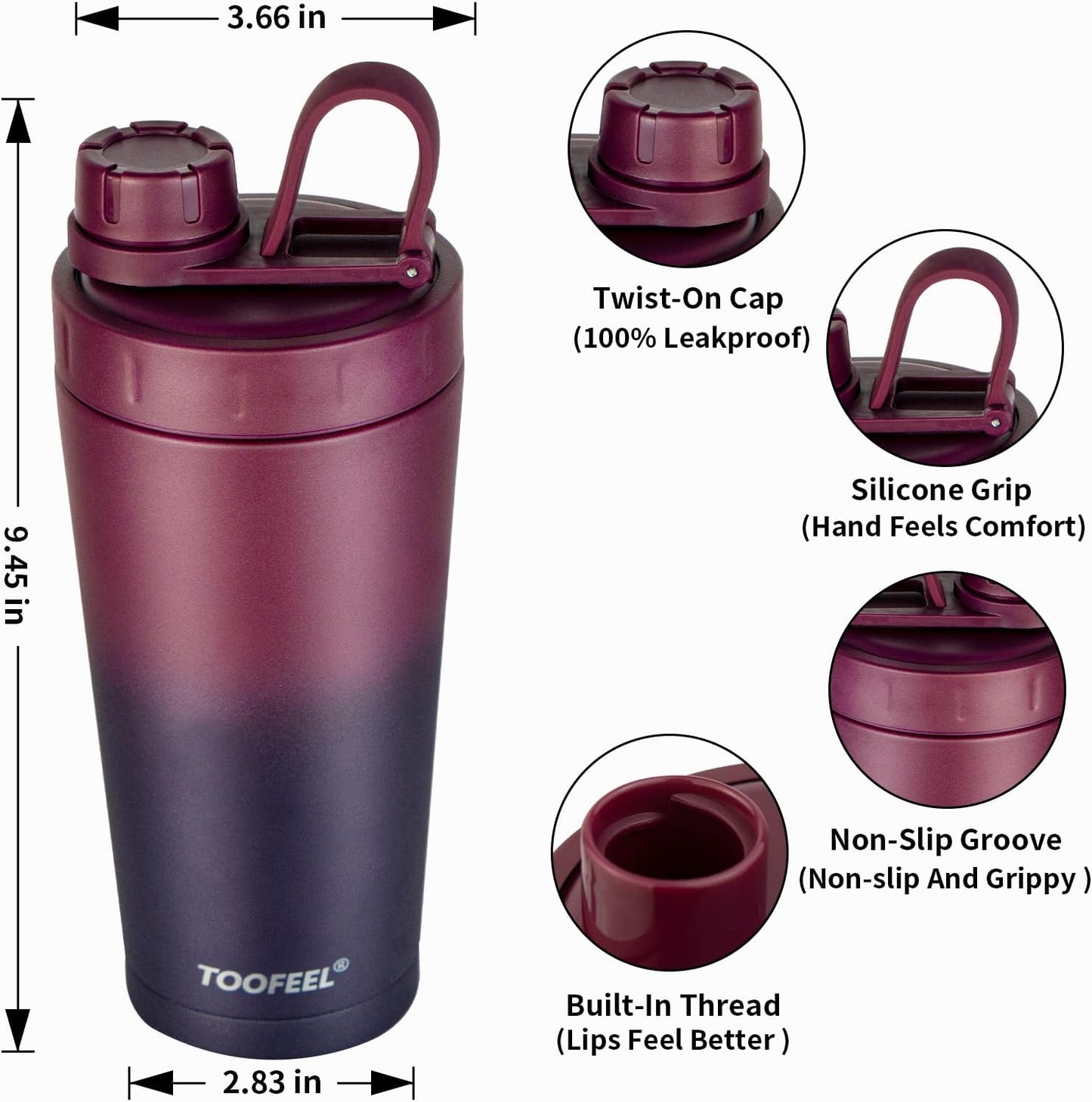 TOOFEEL Protein Shaker Bottle 20 oz - Double Walled Insulated Vacuum Cup for Protein Shakes, Keeps Cold/Hot, Metal Stainless Steel, Preworkout Gym