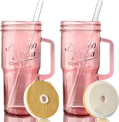 ANOTION Bamboo Mason Leakproof Mason Jar Cups with Lids and Straws, Cap Cup 24oz Glass Tumbler with Handle, Rotating Lid Silicone Straw, Reusable Iced Coffee Matcha Cup Coffee Gifts for Women 2pc