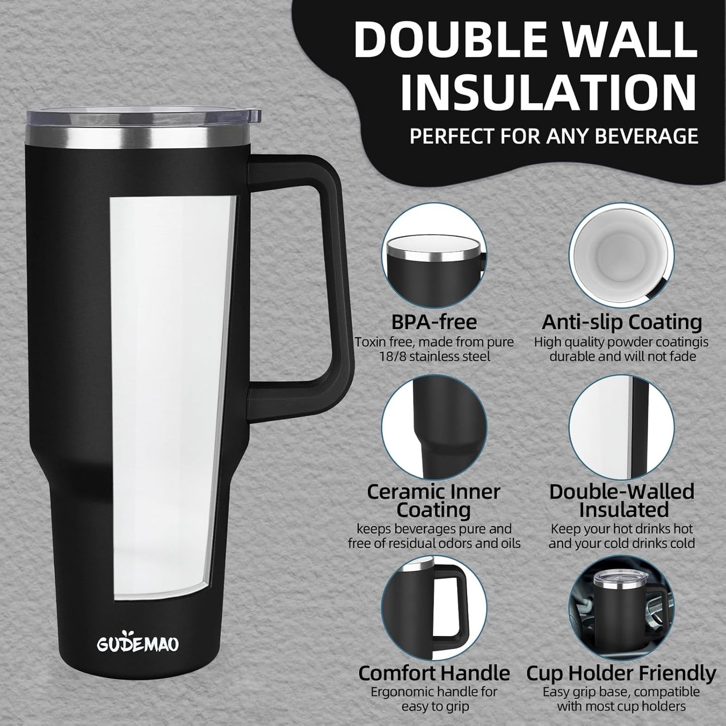 20 oz Insulated Coffee Mug with Ceramic Coating, Stainless Steel Travel Mug Tumbler with Handle Lid and Straw, Double Wall Leak-Proof Coffee Travel Mug Keeps Drink Hot and Cold (Black)