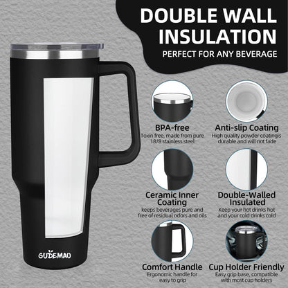 20 oz Insulated Coffee Mug with Ceramic Coating, Stainless Steel Travel Mug Tumbler with Handle Lid and Straw, Double Wall Leak-Proof Coffee Travel Mug Keeps Drink Hot and Cold (Black)