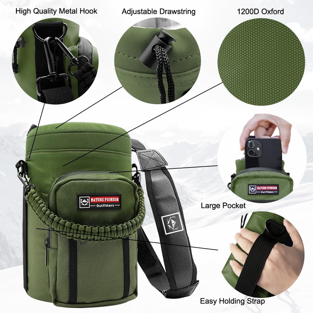 NATURE PIONEOR Water Bottle Holder with Adjustable Strap - Half/One Gallon (64/128oz) Insulated Water Bottle Sling Carrier with Phone Pocket & Paracord Handle, Outdoor Camping, Hiking, Gym