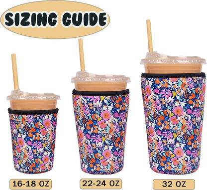 Reusable Insulated Neoprene Iced Coffee Cup Sleeve, Durable Drink Sleeve for Cold Beverages, Beverage Holder for Iced Coffee, Floral Checkers