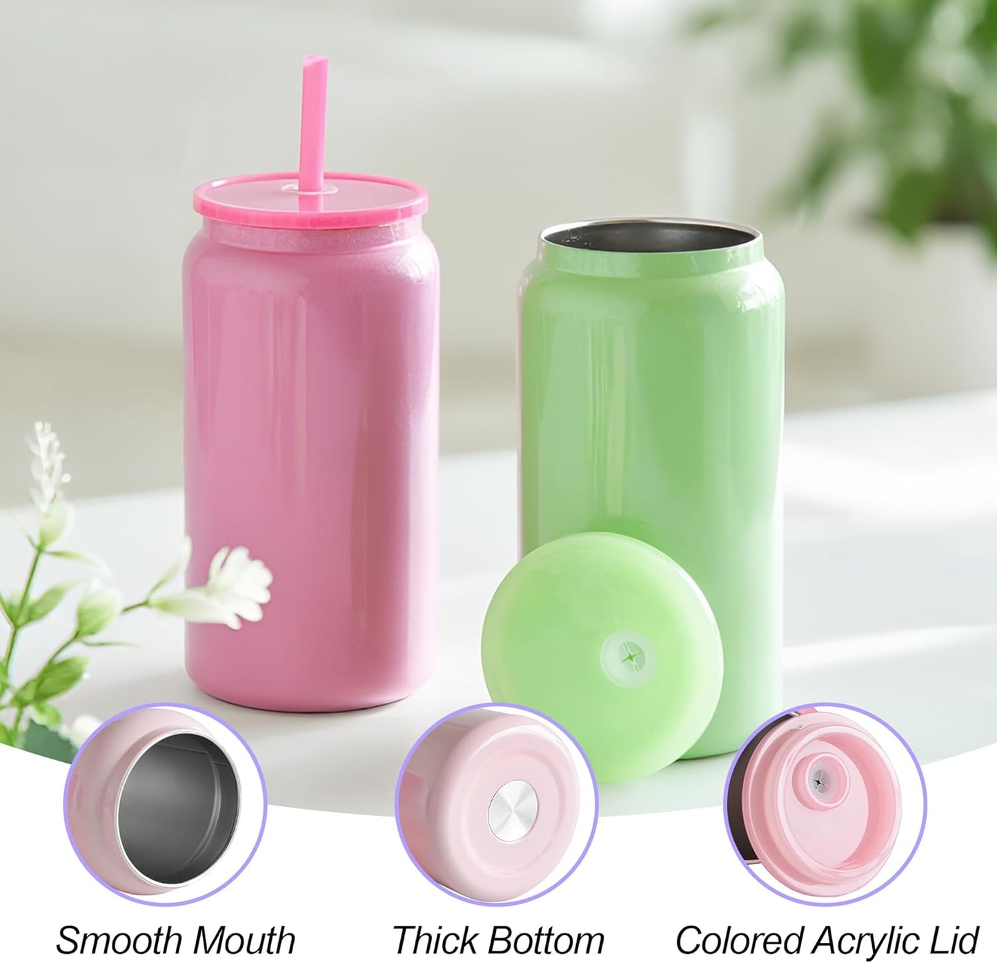 6 Pack Glass Cups with Lids and Straws Unbreakable 16 oz Stainless Steel Can Cup Double Wall Insulated Beer Can Tumbler for Iced Coffee, Juice, Soda, Matte-Colored