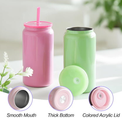 6 Pack Glass Cups with Lids and Straws Unbreakable 16 oz Stainless Steel Can Cup Double Wall Insulated Beer Can Tumbler for Iced Coffee, Juice, Soda, Matte-Colored