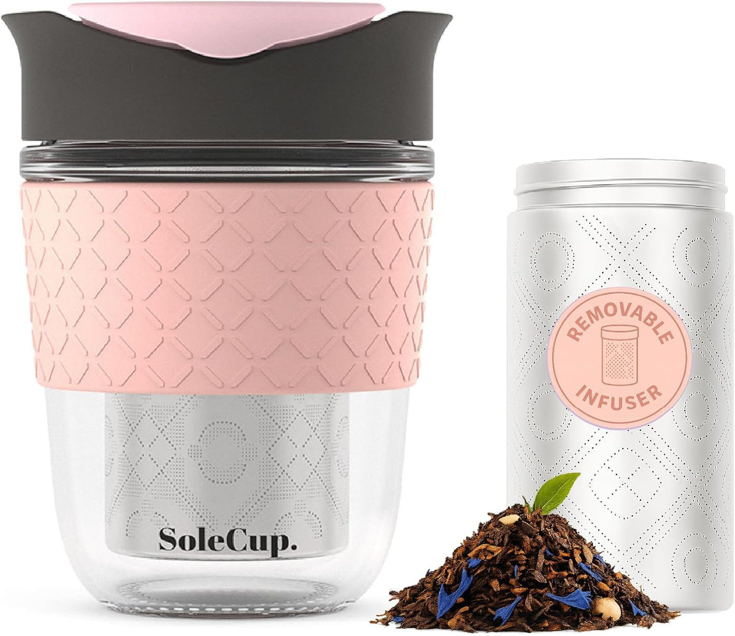 Travel Mug Loose Tea Infuser - Detachable Tea Strainer with Spillproof Lid - BPA-Free Reusable Glass Travel Coffee Cup with Silicone Band (Ice Cream, 12oz)