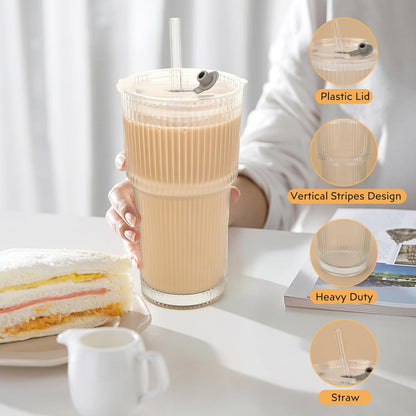 Clear Iced Coffee Cups with Lids - 4 Pack, 20oz Reusable Glass Cups with Lids and Straws, Drinking Tumblers for Cocktail Beer, Juice, Smoothie, Coffee Bar, Housewarming Gifts - Dishwasher Safe