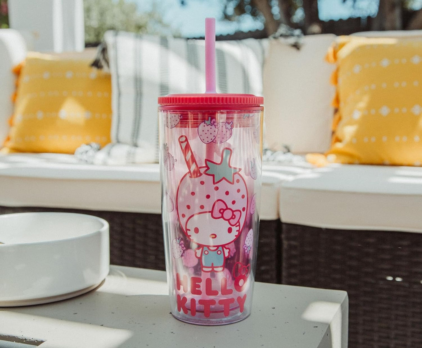 Silver Buffalo Sanrio Hello Kitty Milk Carton Pattern Plastic Boba Tumbler w Lid and Wide Straw, 24 Ounces