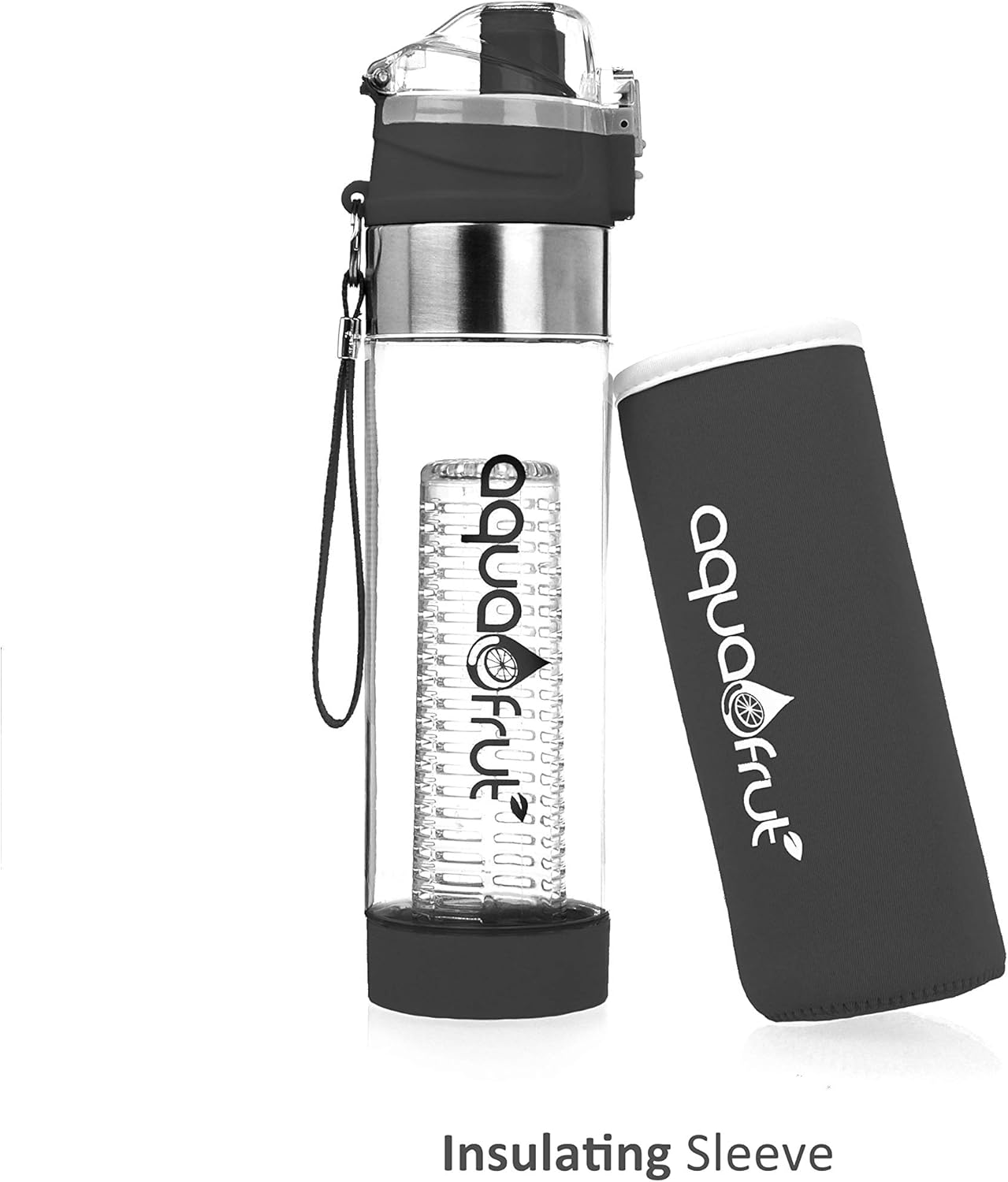 NEW Improved AquaFrut Bottom Loading Fruit Infuser Water Bottle Complete Bundle Includes Bottle Brush, Insulating Sleeve & Infusion Recipe eBook. Leak Proof Sweat Proof BPA-Free (Purple)