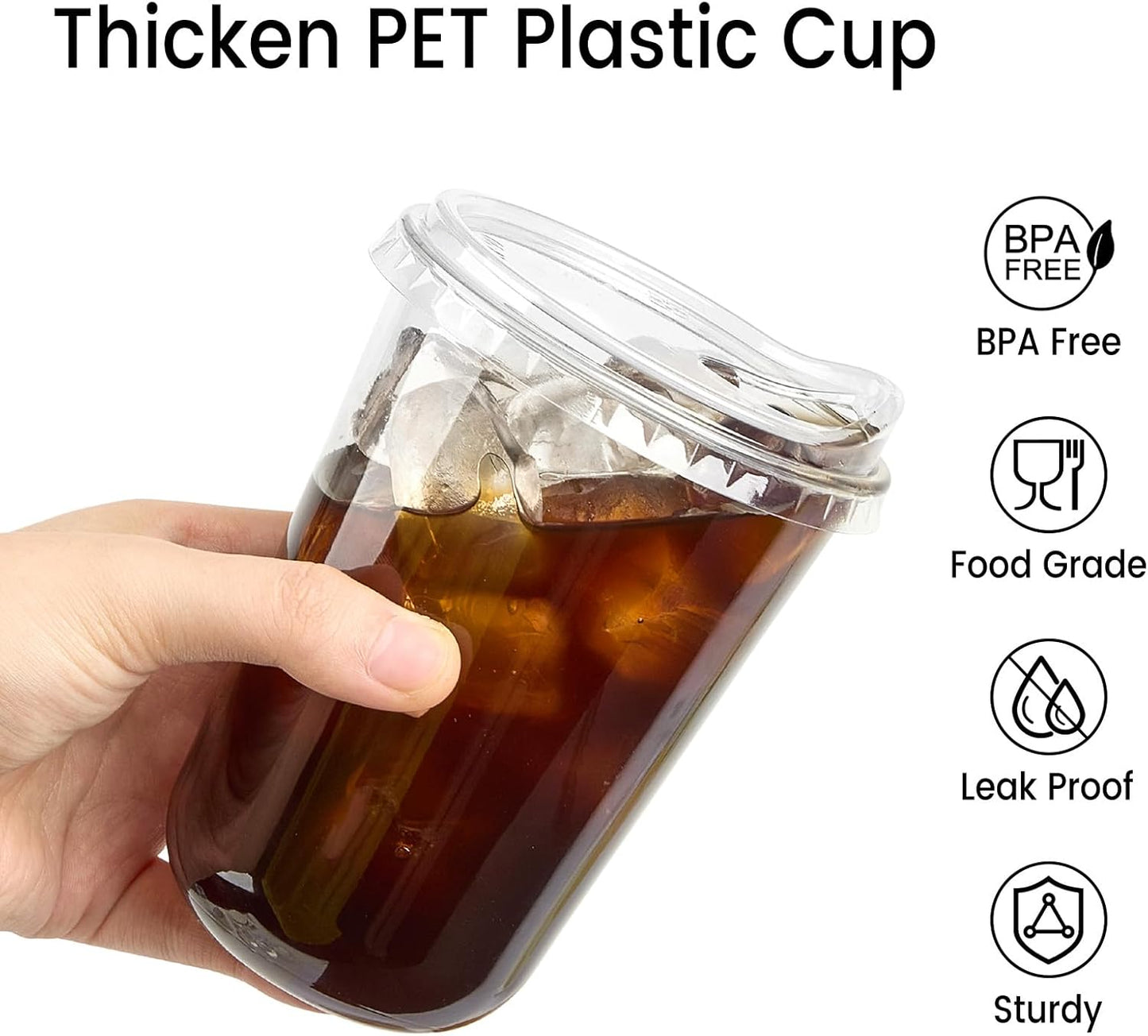Round Bottom Clear Plastic Cups with Sip Lids, 50 Sets, 16 Oz Disposable Iced Coffee Cups with Strawless Lids To Go Cold Drink Cups for Smoothies, Juices, Party Catering