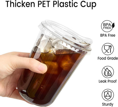Round Bottom Clear Plastic Cups with Sip Lids, 50 Sets, 16 Oz Disposable Iced Coffee Cups with Strawless Lids To Go Cold Drink Cups for Smoothies, Juices, Party Catering