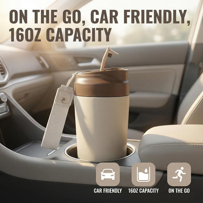 16oz Ceramic Travel Mug with Lid- 100% Real Ceramic Liner (No Coating), Heat-Resistant Outer Wall, Leak-Proof Lid with Detachable Strap, Fits Car Cup Holder