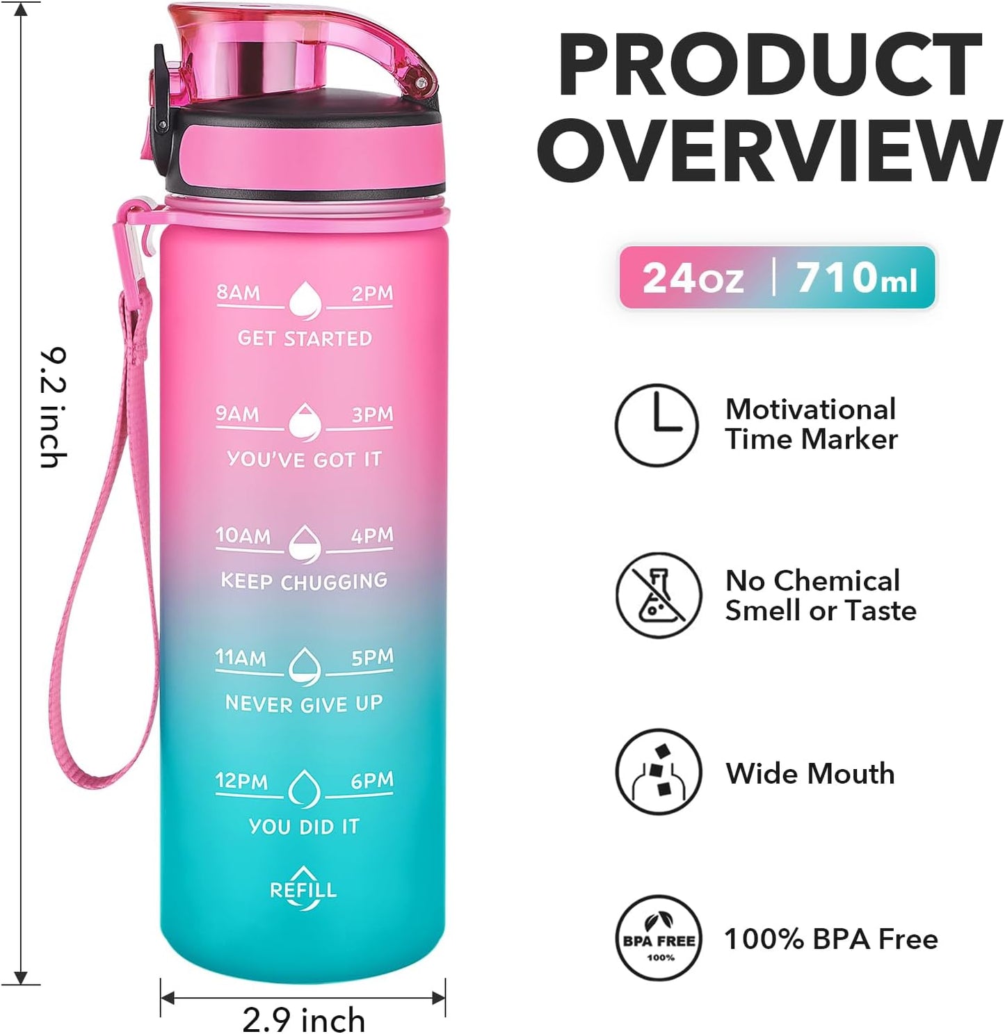 Enerbone Water Bottle, Leakproof BPA & Toxic Free, Motivational Water Bottle with Times to Drink and Straw, Fitness Sports Water Bottle with Strap for Office, Gym, Outdoor Sports