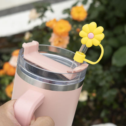4Pcs 0.4in Diameter Cute Silicone Straw Covers Cap for Stanley Cup, Dust-Proof Drinking Straws Reusable Straws Tips Lids (4 PCS Flower Straw Covers)
