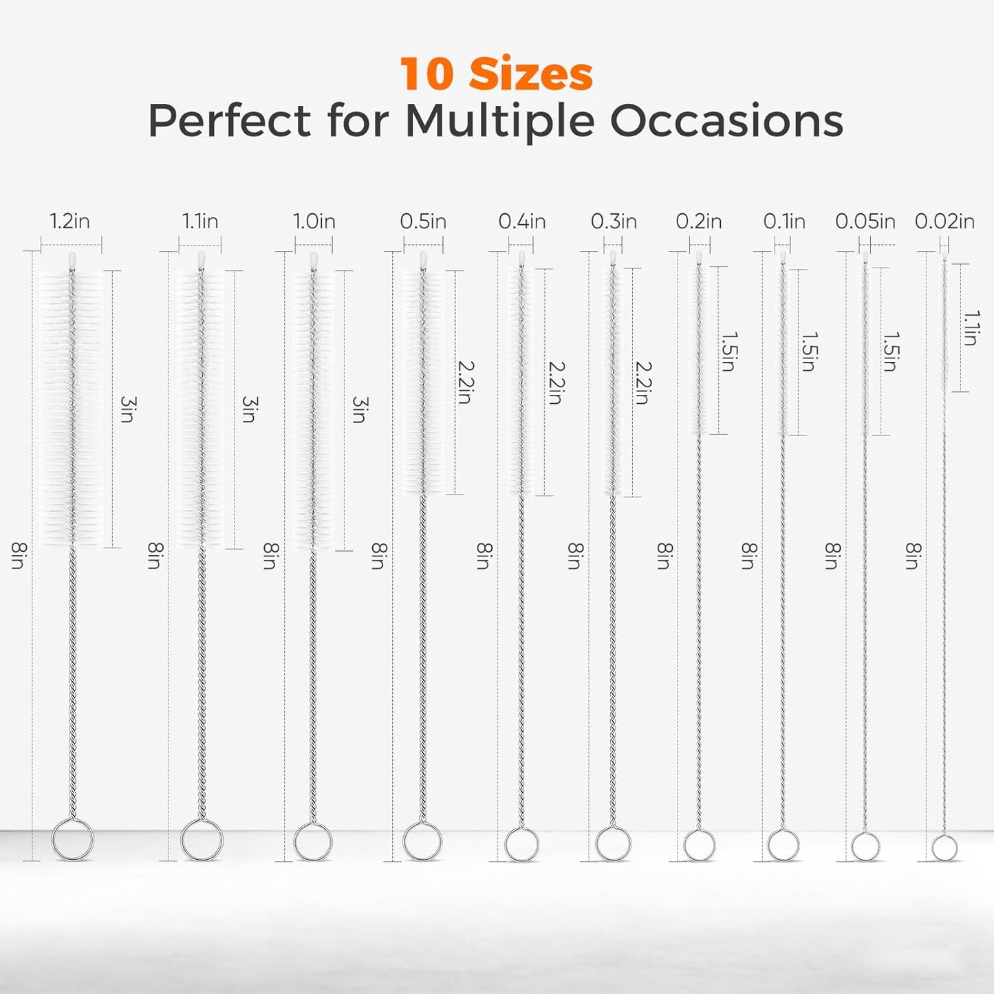 10-Packs Premium Straw Cleaner Brush in Mixed Sizes, 8IN Long Reusable Stainless Steel Cleaning Brushes Set with Soft Sturdy Nylon Bristles for Metal Straws, Sippy Cups, Tumblers & Bottles