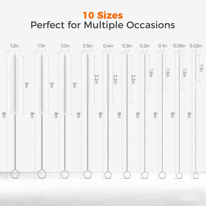 10-Packs Premium Straw Cleaner Brush in Mixed Sizes, 8IN Long Reusable Stainless Steel Cleaning Brushes Set with Soft Sturdy Nylon Bristles for Metal Straws, Sippy Cups, Tumblers & Bottles