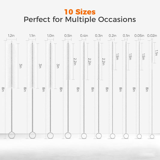10-Packs Premium Straw Cleaner Brush in Mixed Sizes, 8IN Long Reusable Stainless Steel Cleaning Brushes Set with Soft Sturdy Nylon Bristles for Metal Straws, Sippy Cups, Tumblers & Bottles