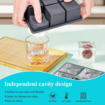 Large Ice Cube Tray for Whiskey: 2" Big Silicone Ice Tray with Lid for Whisky - 3Pack Old Fashioned Ice Cube Trays for Cocktail - Huge Square Cubed Bourbon Ice Cube Maker