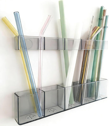 Acrylic Straw Holder for Cabinet Door - Child-Safe Organizer & Dispenser with Smooth Rounded Edges for Kitchen Accessories Storage, Adhesive Circles Included (Clear Transparent)