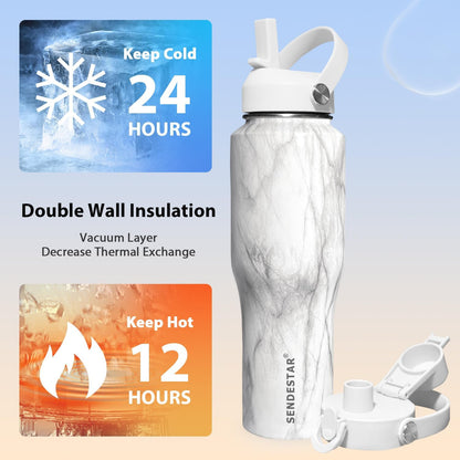 SENDESTAR 40oz Water Bottle Wide Mouth Stainless Steel Vacuum Insulated Double Wall with Straw Lids Fit in Any Car Cup Holder