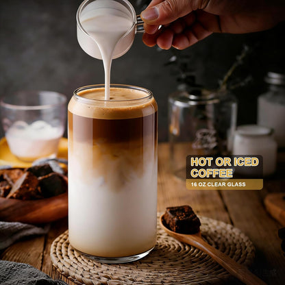 Glass Cups with Lids and Straws 1Pack,Glass Coffee Cups,Glass Cup with Lid for Iced Coffee,Smoothie,Cocktail,Beer,Whiskey,Soda,Matcha,16 Oz Glass Cup with Bamboo Lid,1 Brush