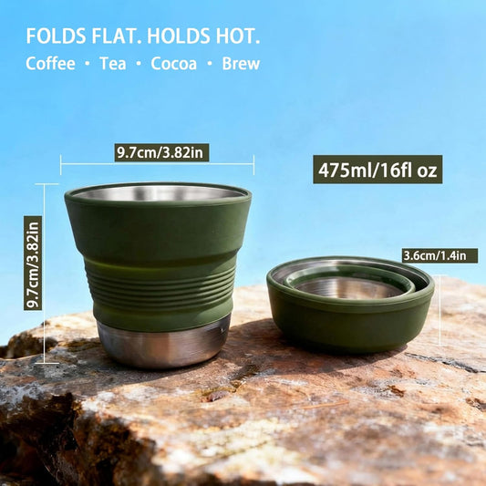 Ultralight Collapsible Travel Cup 16 oz, BPA Free Silicone & Stainless Steel Camping Mug, Foldable Portable Cup for Hiking, Backpacking, Outdoor Coffee Mug (Khaki)
