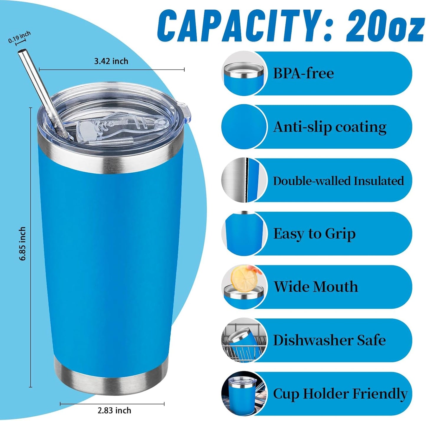 20 oz Tumbler with Lids and Straws, Stainless Steel Insulated Travel Coffee Mug, Double Wall Vacuum Insulated Tumblers, Powder Coated Coffee Tumbler for Cold & Hot Drinks (Light Purple)