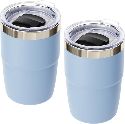 8 oz Small Coffee Cup with Magnetic Lid, Ceramic-Lined 18/8 Stainless Steel, Double-Wall Vacuum Insulated, Stackable, Dishwasher Safe, Mini Tumbler for On-the-Go, 2 Pack, Black