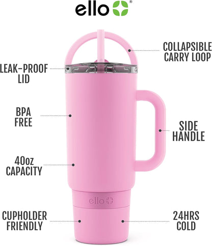 Ello Port 40oz Tumbler with Carry Loop & Integrated Handle, Vacuum Insulated Stainless Steel Reusable Water Bottle, Travel Mug with Leak Proof Lid & Straw, Perfect for Iced Coffee & Tea, White