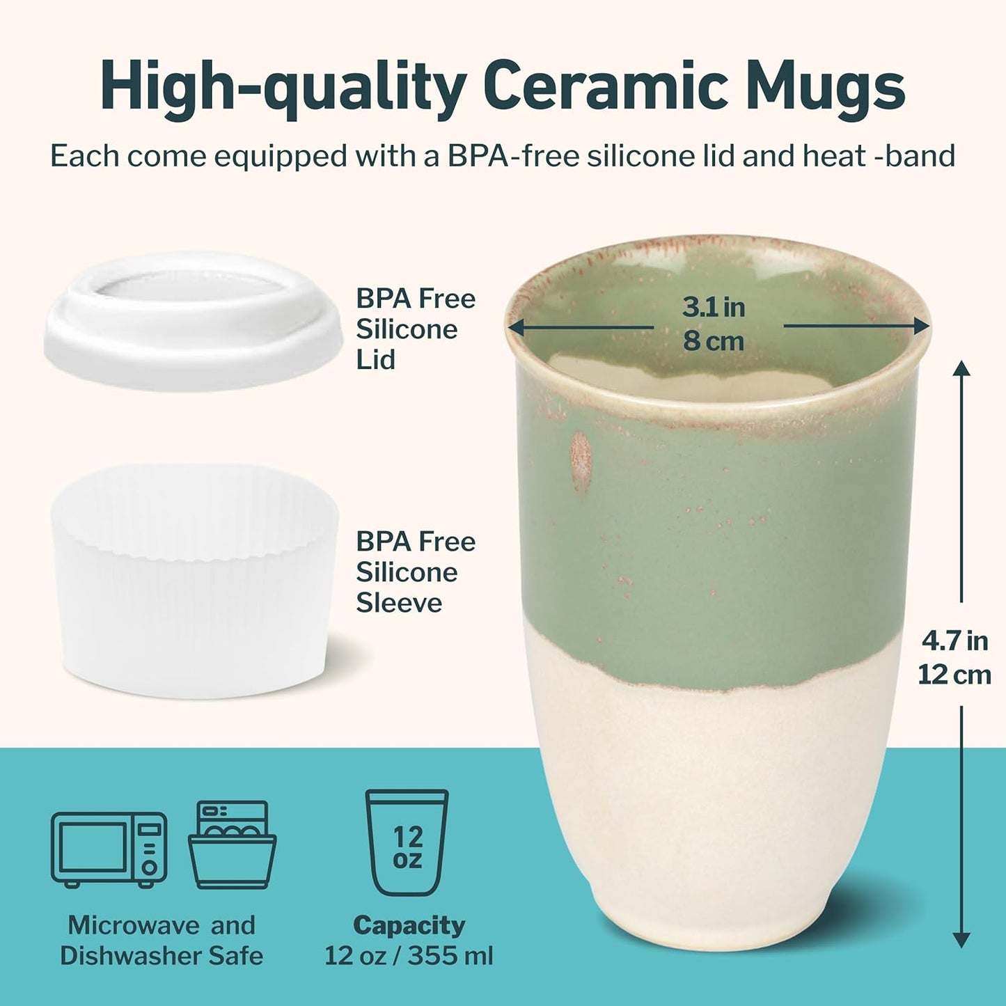 NOVA CERAMICS Coffee Tumbler – Travel Mug - On the Go Coffee Mug – Microwave & Dishwasher Safe Green Coffee Tumbler - Gifts For Women Men Him Her – 16oz – Monsoon