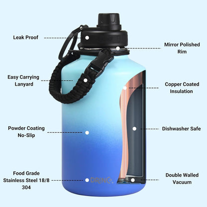 Drinco Stainless Steel Water Bottle Spout Lid Vacuum Insulated Double Wall Water Bottle Wide Mouth (40oz 32oz 22oz 18oz 14oz) Leak Proof Keep Cold Sport Camping Hiking (22 oz, 22oz Black)