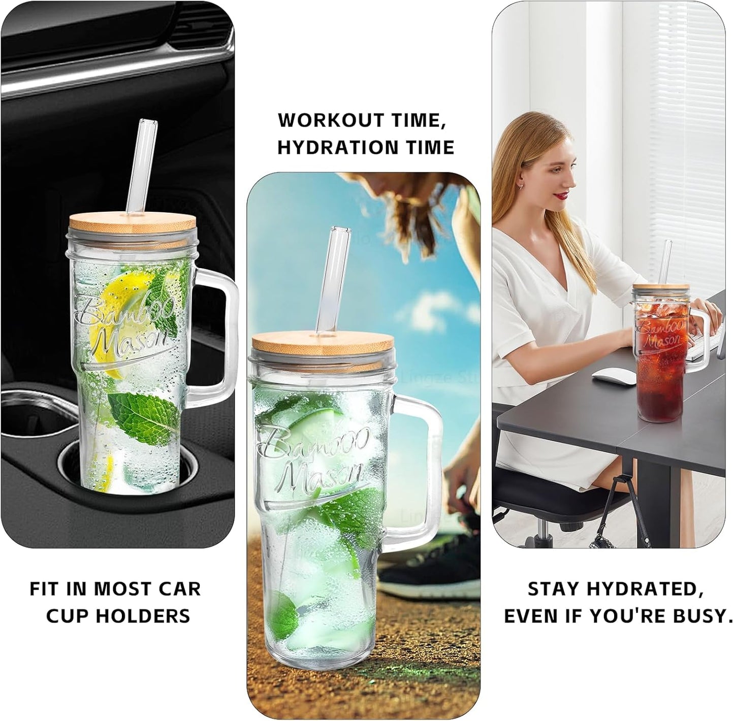 ANOTION Bamboo Mason Leakproof Mason Jar Cups with Lids and Straws, Cap Cup 24oz Glass Tumbler with Handle, Rotating Lid Silicone Straw, Reusable Iced Coffee Matcha Cup Coffee Gifts for Women 2pc