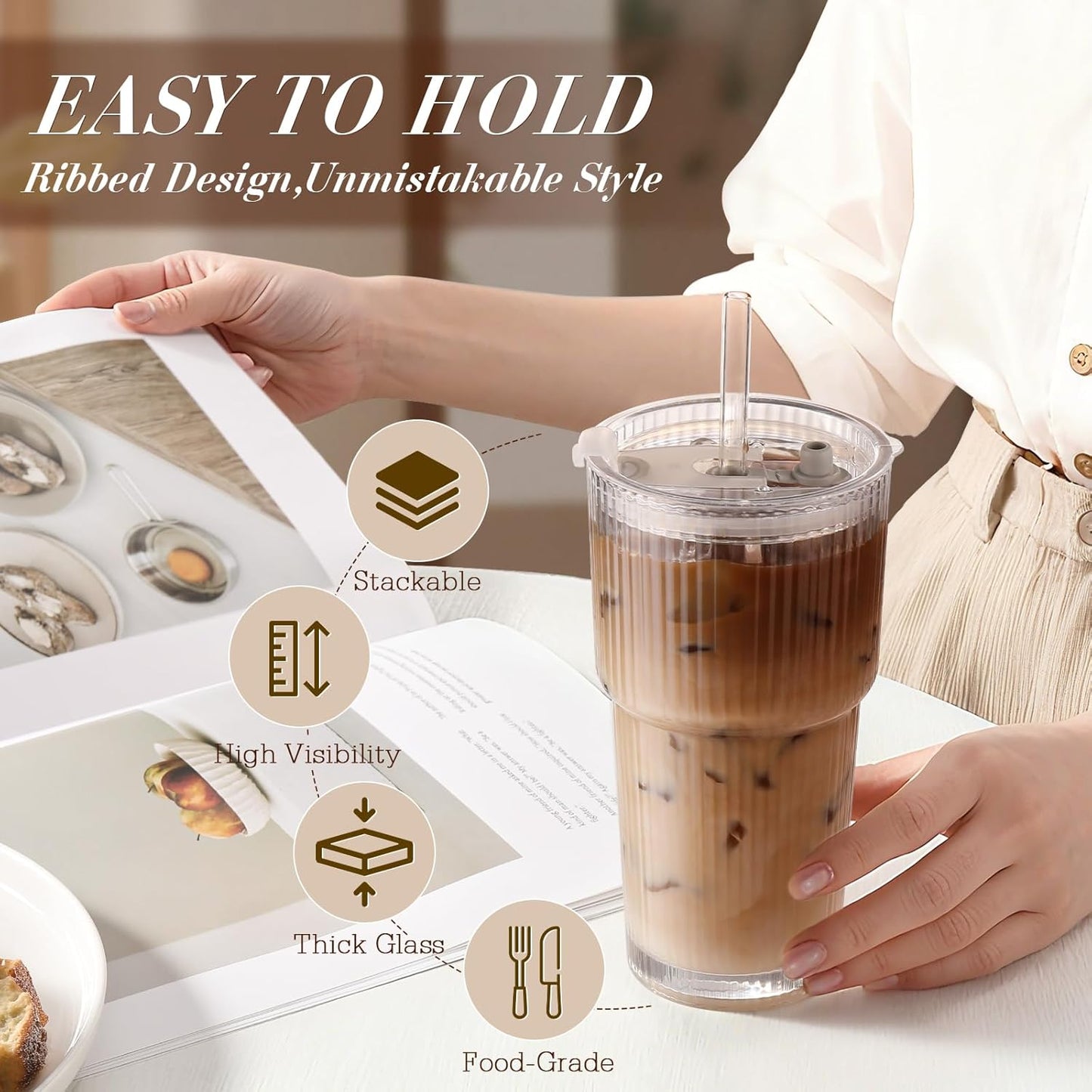 DWTS DANWEITESI Iced Coffee Cups with Lids 2Pcs: Ribbed Glass Tumbler with Straw and Lid 20oz-Vintage Glass Cups with Lids and Straws-Tumbler Leak Proof Aesthetic Drinking for Coffee Bar Accessories