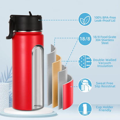 Volhoply 16 OZ Kids Water Bottle Bulk 8 Pack,Insulated Sports Bottles with Straw Lid,Stainless Steel Bottle with Handle Keep Cold & Hot,Double Wall Vacuum Tumbler Cups for School(Eight Color, 8)