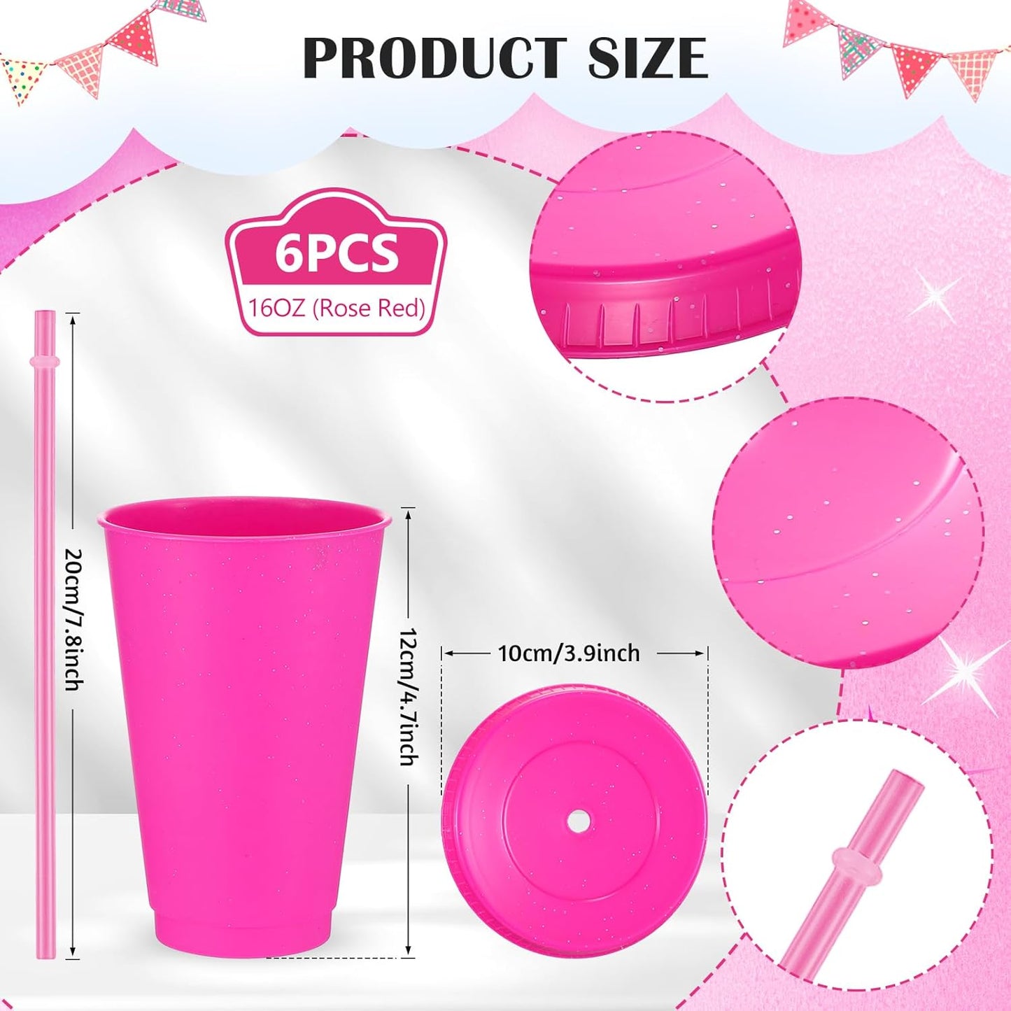 Uiifan 6 Pcs 24 oz Reusable Tumbler with Lids and Straws Plastic Iced Coffee Tumbler Glitter Travel Mug Cup for Smoothie Juices Birthday Party Cold Drink Coffee Cup Bulk for Adult Kid Women (Clear)