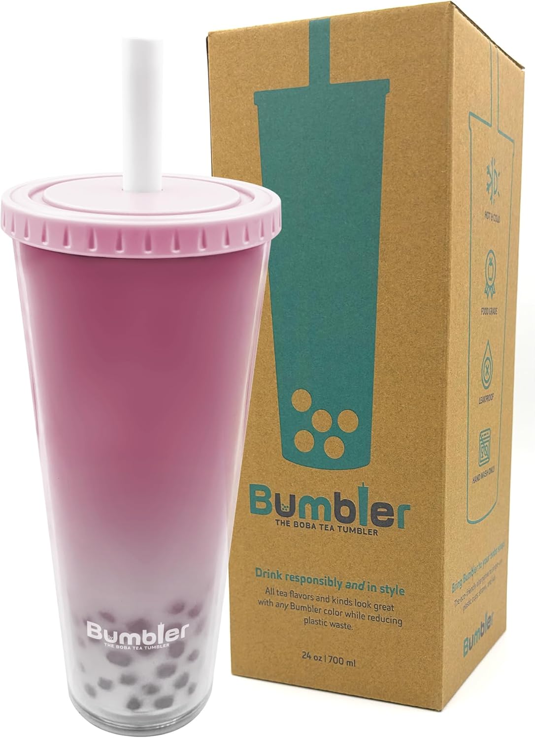 Bumbler Original Boba Tea Cup - 24oz Double-Walled Plastic Reusable Tumbler with Extra Wide Straw & Leak-Proof Lid - BPA-Free Smoothie & Iced Coffee Travel Mug - Blush Pink