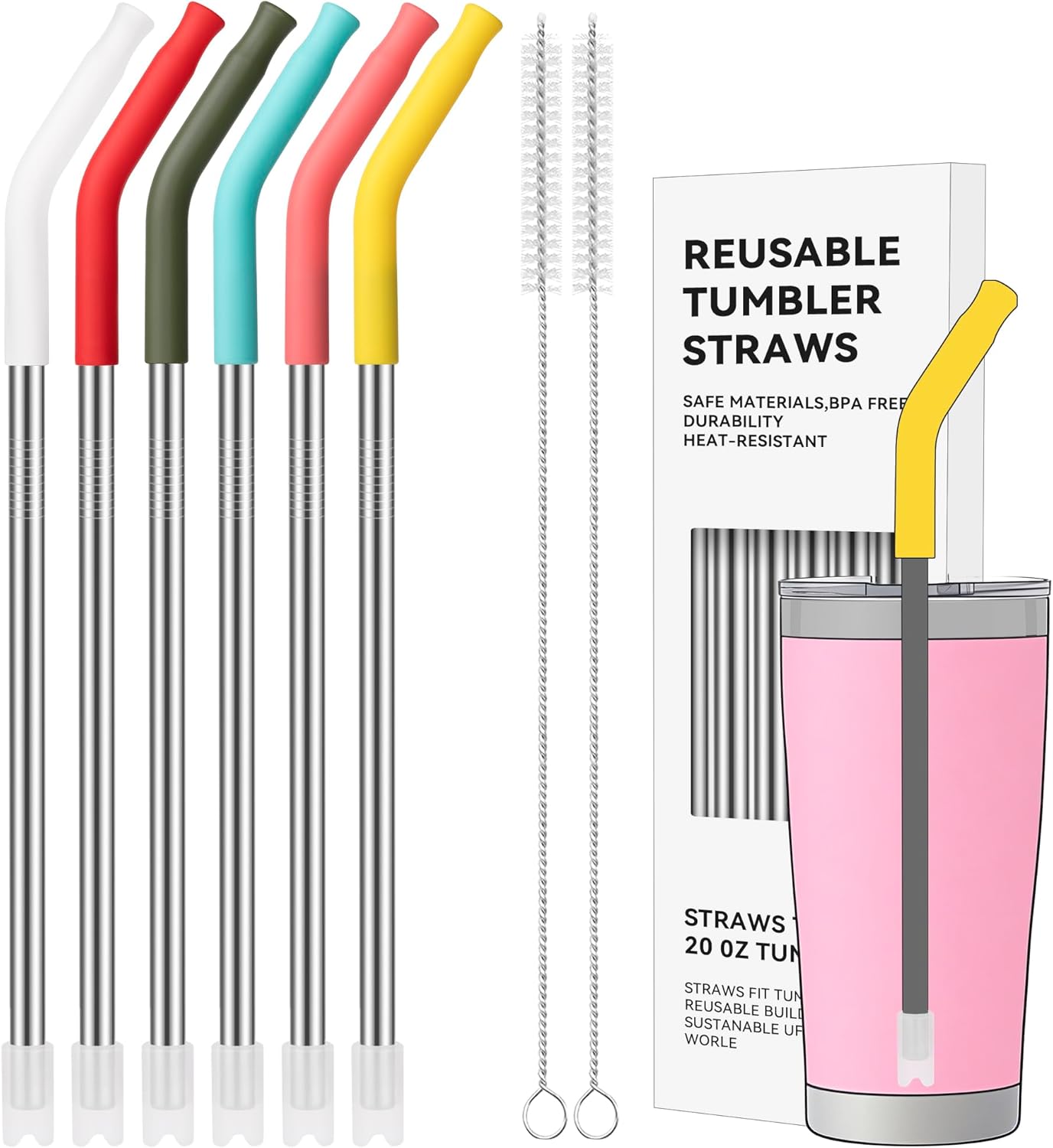 40 oz Straight Metal Straws for 40 oz Stanley Tumbler, 6 Pcs Stainless Steel Reusable Drinking Metal Straw with Colourful Silicone Tips,Straw for Glass Cups, BPA FREE