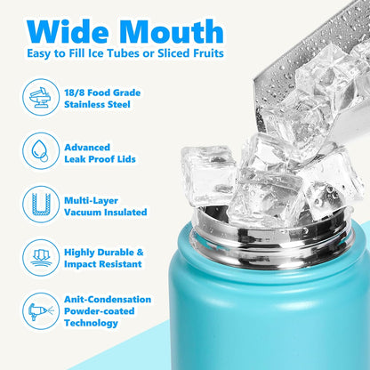 Insulated Water Bottle with Lid & Boot & Stickers, 24 oz Stainless Steel Sweat Free Bottle Keep Cold 24H, BPA-Free Sports Wide Mouth Water Bottle, BlueBlack