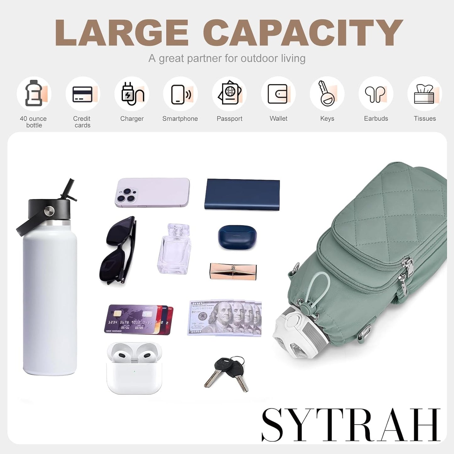SYTRAH Water Bottle Bag Crossbody，Insulated Water Bottle Purse Crossbody Water Bottle Holder with Strap 40 oz