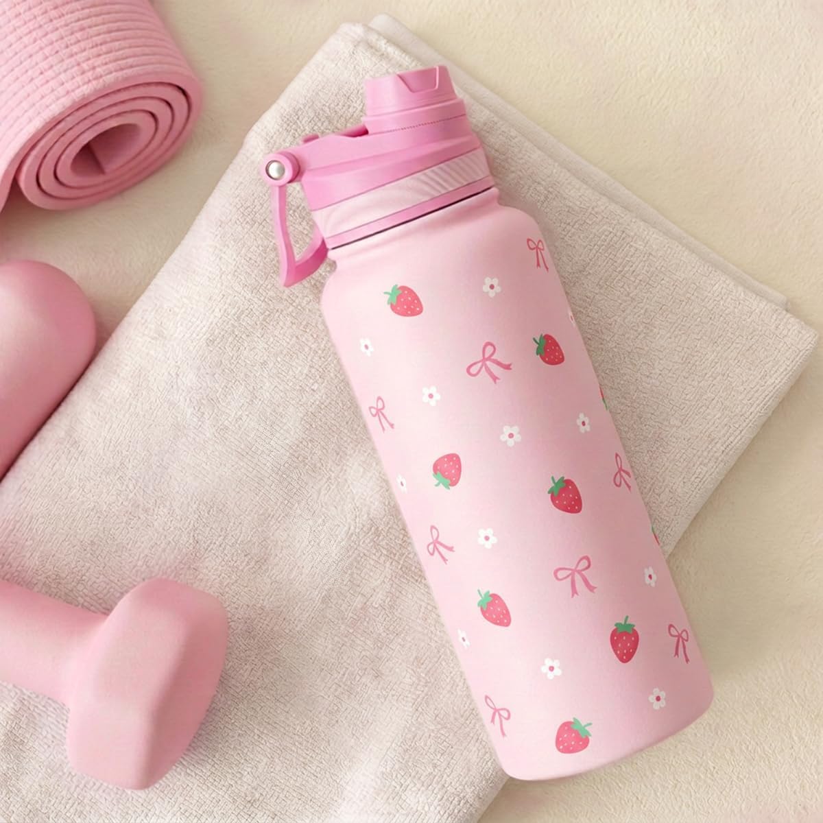SANDJEST Pickleball Stainless Steel Water Bottle with Strap 32oz, Insulated Bottles with Straw and Spout Lid for Gym Sports Travel Outdoor, Gifts for Women Girls Birthday Christmas