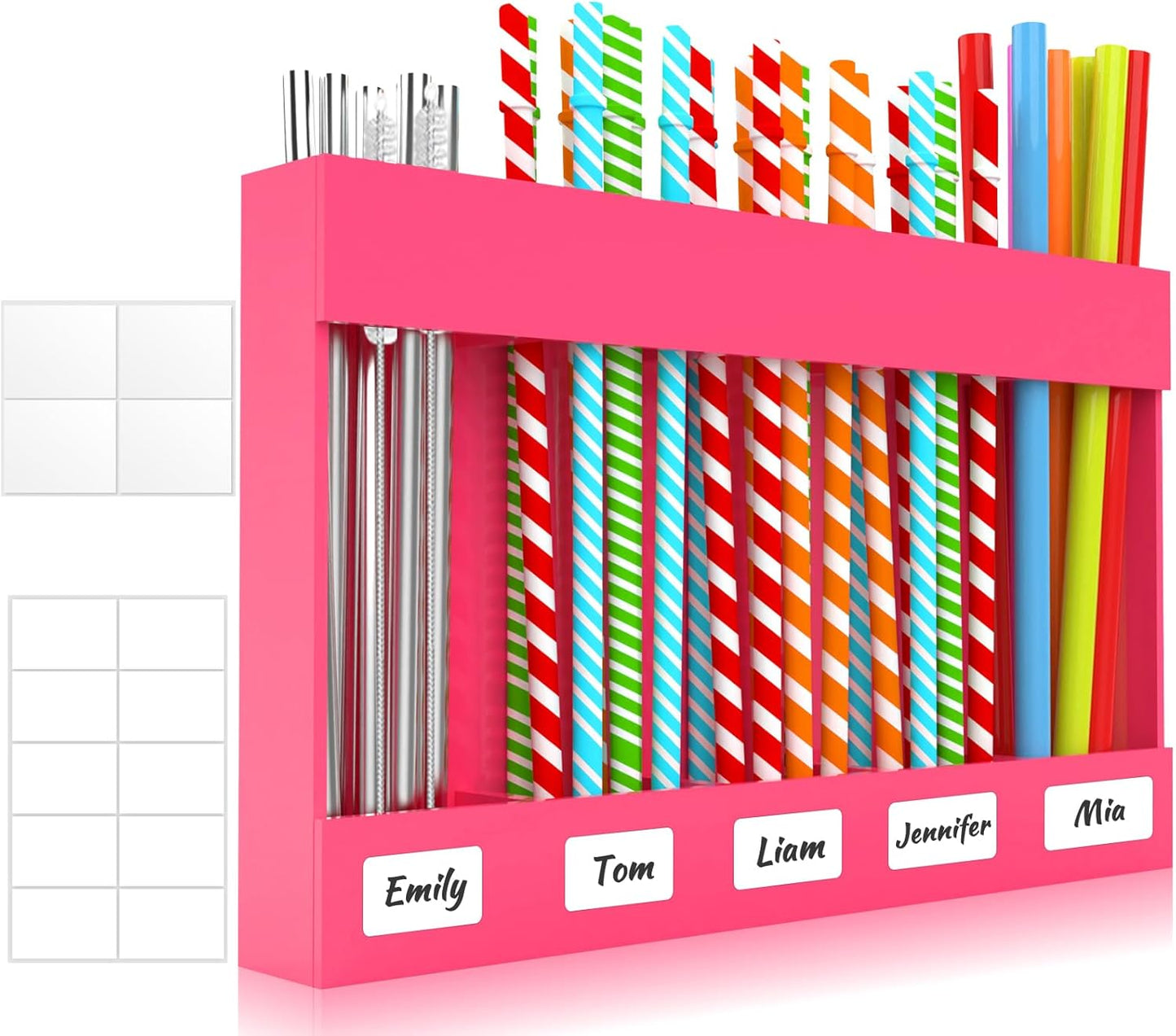 9.5” Large Acrylic Straw Holder for Cabinet Door with Detachable Ultra Sticky Adhesive Squares and Stickers, 2026 Reusable Straws Organizer Storage Dispenser for Kitchen Counter Cupboard