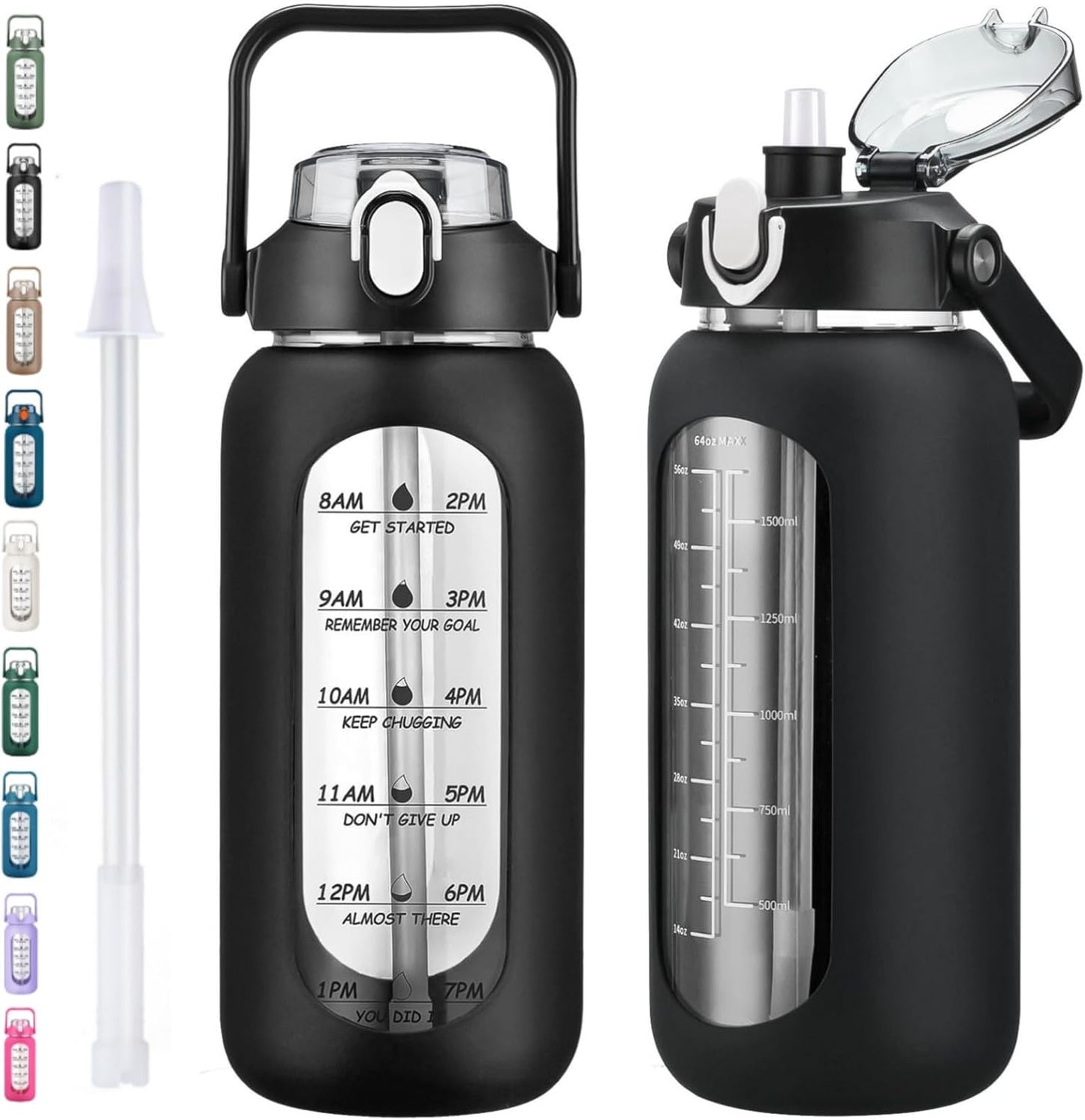 64oz Glass Water Bottles with Straw, Half Gallon Motivational Glass Bottle with Silicone Sleeve and Time Marker, 2L Leakproof Large Glass Water Jug for Gym Home Office,olive